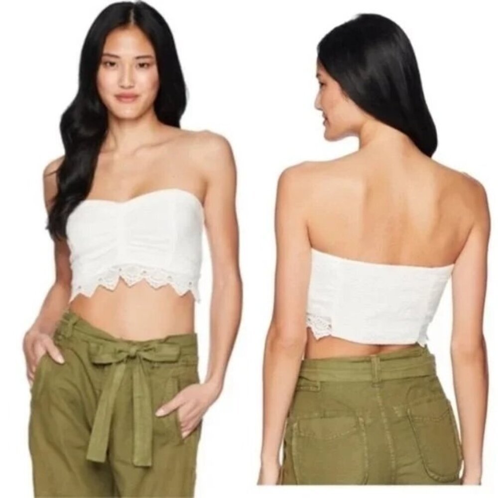 Free People Dream Lover Strapless White Linen Crochet Crop Top